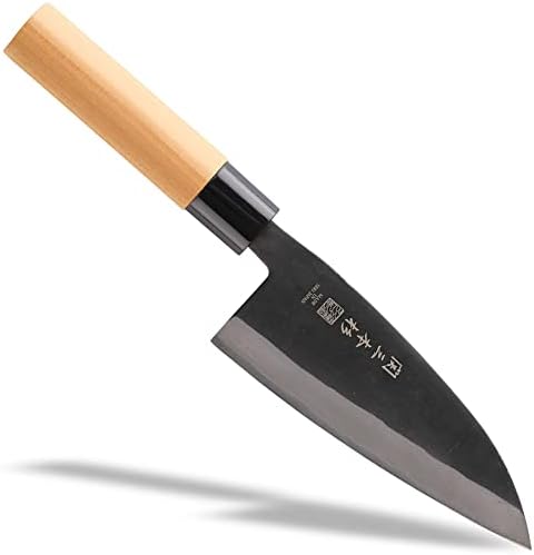 Seki Sanbonsugi Sellity Utility Chef Shiep Shile Selfine, Kurouchi Parbon Tool Steel Deba סכין, ידית עץ שיראקי, 150 ממ,