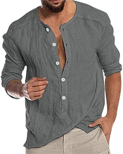 חולצות הנלי גברים של ווקאצ'י כותנה פשתן כותנה כפתור שרוול ארוך נ 'צוואר צווארון צווארון חוף צמרמוס חופשה היפי