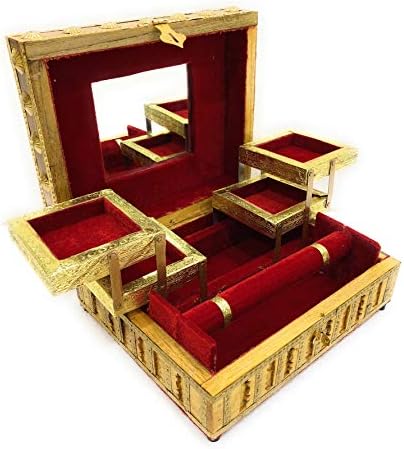 קופסת תכשיטים של נברנג מארז יהירות עץ מתקפל לעגילים, צמידים עם מראה לנשים