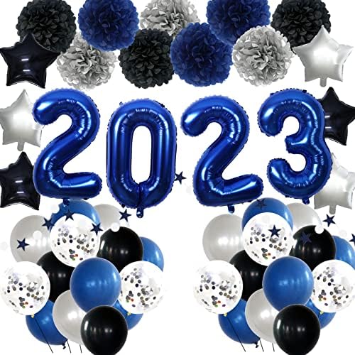 Meiwutie ציוד מסיבות של ערב השנה החדשה 2023, כיתה של 2023 קישוטים כחולים ושחור, פיאול בלונים באנר פרח פום