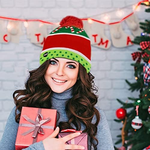 כובעי פונפון חורף של איקודוד כובעי חג המולד עם אורות צבעוניים לד הדפסת עץ חג המולד כדור כובע סרוג כובעי חג המולד מבוגרים