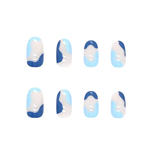 קמיז כחול עיתונות על ציפורניים שקדים אקריליק מערבולת בינוני מזויף ציפורניים מלא כיסוי שווא ציפורניים לנשים ובנות 24