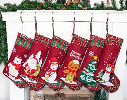 6 חבילות גרבי חג המולד פשתן רקום אפליקציה יוטה אח תלויה קישוט חג מולד לקישוטים משפחתיים מתנה חג המולד מתנה