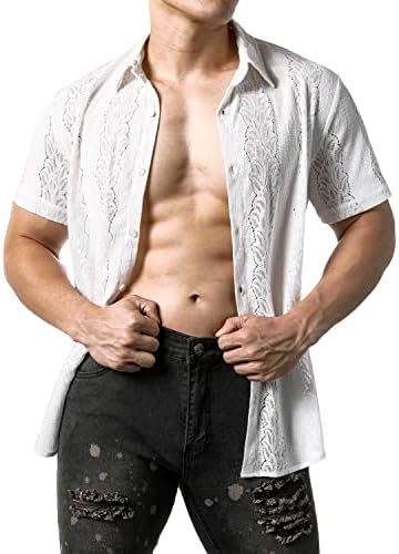 ג ' וגל חולצת תחרה פרחונית לגברים לראות דרך חולצות כפתורים מזדמנים
