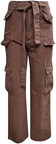 מכנסי מטען נשים מותניים גבוהים ג'ינס מכנסי דש כיס מתאים למכנסי רגל ישרים מכנסי ג'ינס מכנסיים עם חגורה עם חגורה